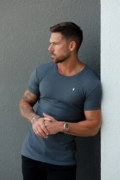 Father Sons Classic Charcoal / Silver Ribbed Knit Super Slim Short Sleeve Crew - FSH1084