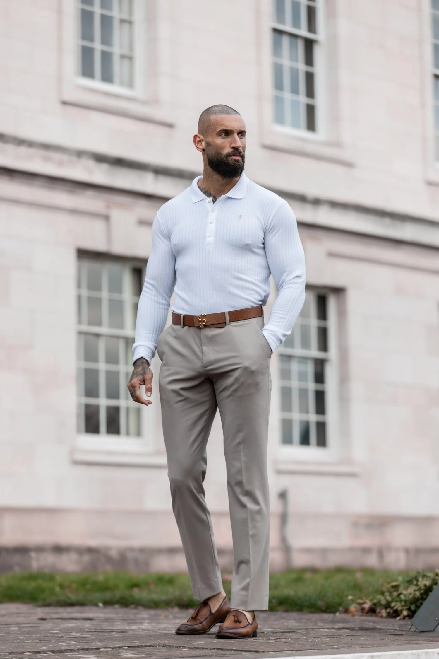 Father Sons Classic White Ribbed Polo Shirt Long Sleeve With Gold Decal - FSH975 - Image 6