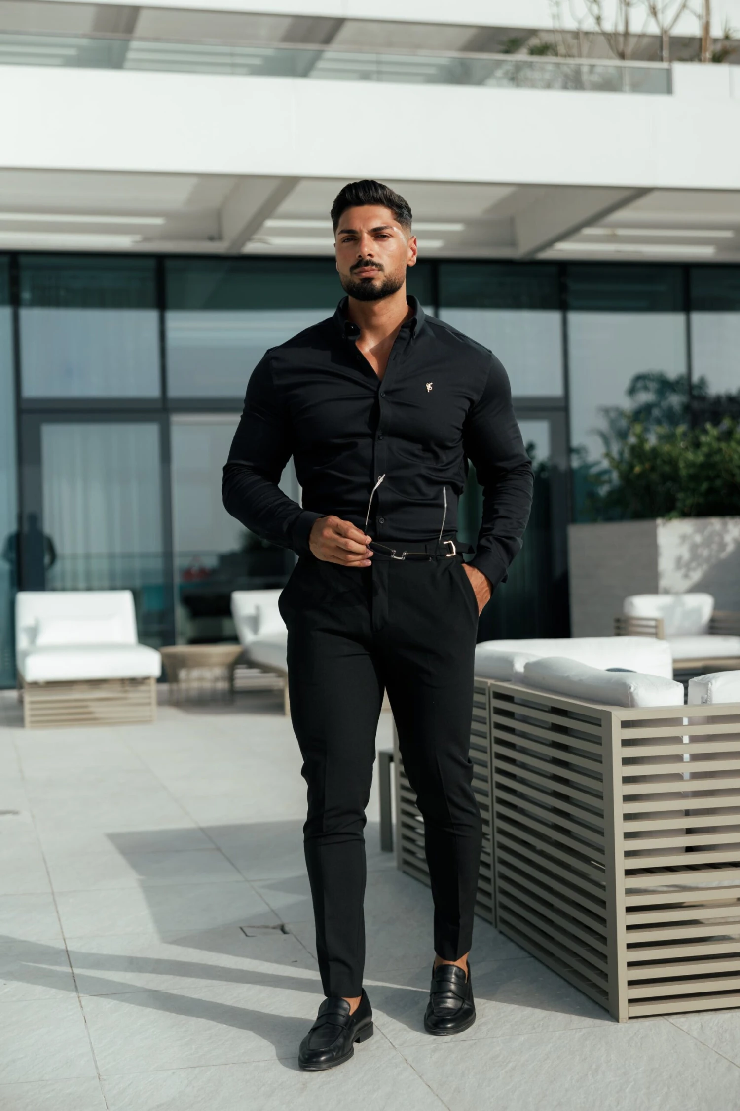 Father Sons Slim Formal Black Stretch Trousers With Gold Waist Adjusters - FST036 - Image 3