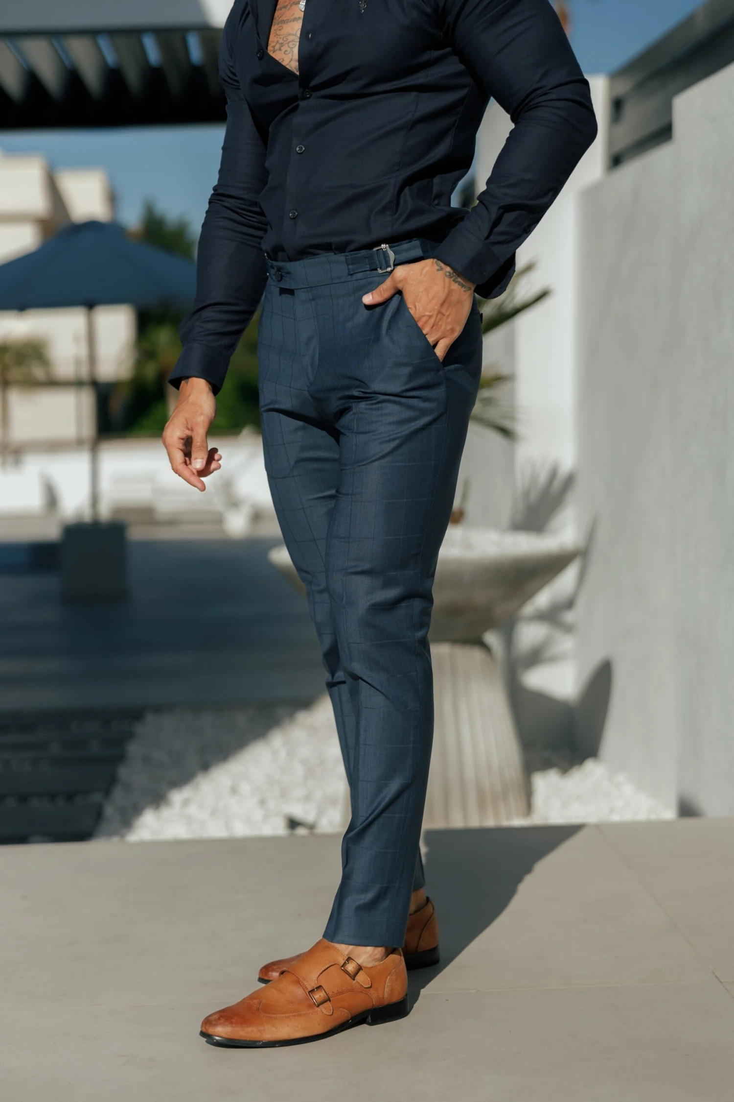 Father Sons Slim Formal Navy Self Check Stretch Trousers With Side Adjusters - FST030 - Image 6