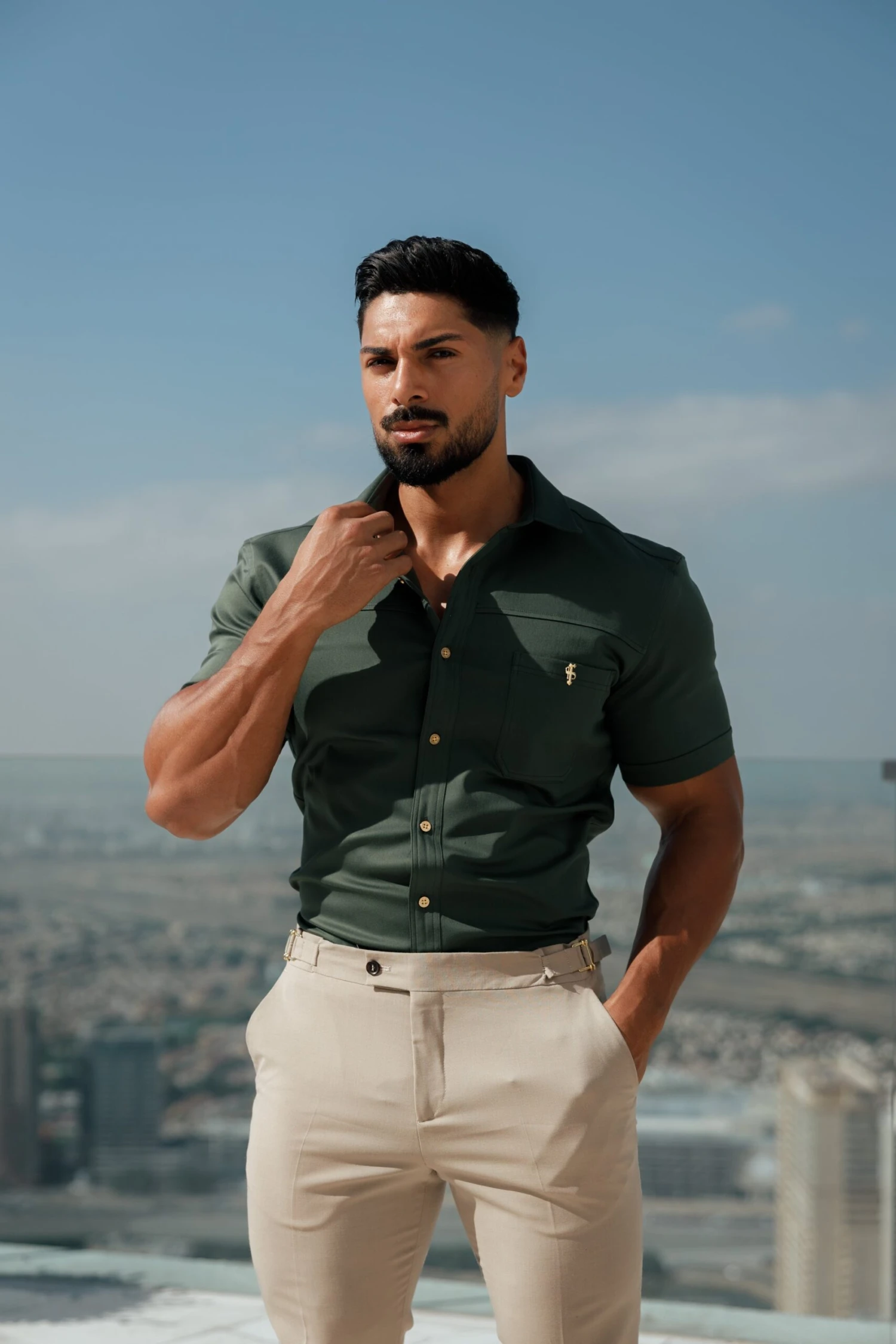 Father Sons Super Slim Stretch Khaki Denim Short Sleeve With Horizontal Seam And Pocket- FS958 - Image 4