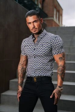 Father Sons Super Slim Stretch Blue / Beige Chevron Print Short Sleeve With Button Down Collar - FS903