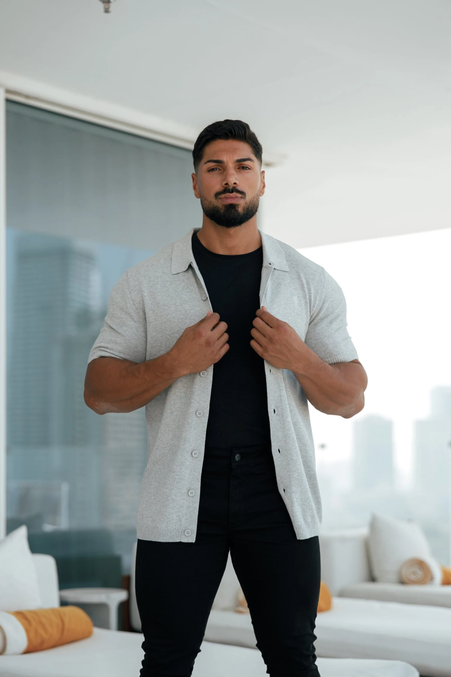 Father Sons Classic Plain Light Grey Knitted Button Through Polo Short Sleeve - FSN102 - Image 9