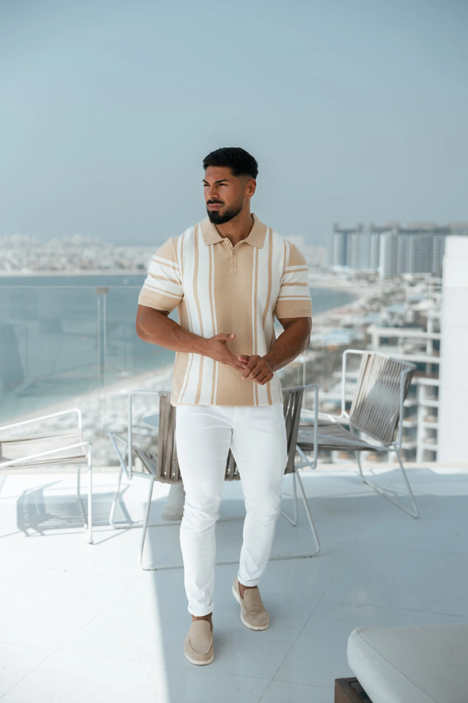 Father Sons Classic Beige / Off White Knitted Vertical Stripe Polo Short Sleeve - FSN107 - Image 3