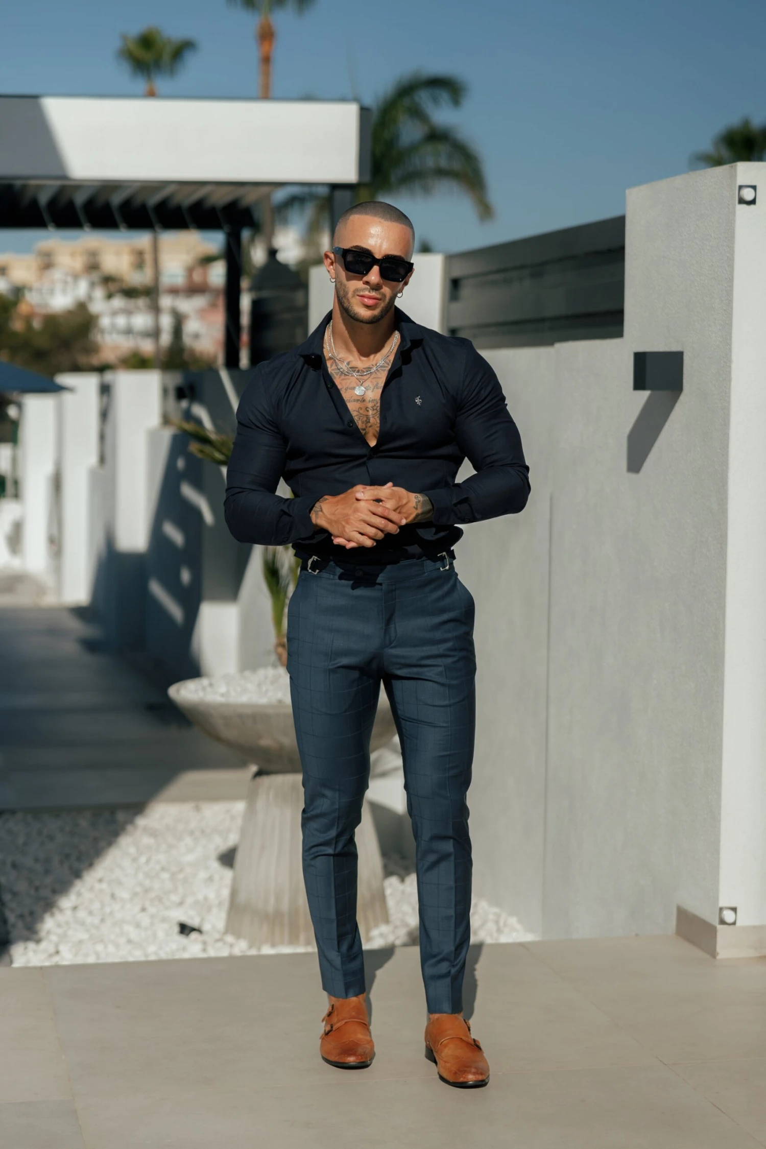 Father Sons Slim Formal Navy Self Check Stretch Trousers With Side Adjusters - FST030 - Image 10