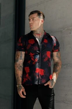 Father Sons Hawaiian Boxy Black / Red Floral Print Stretch With Revere Collar Short Sleeve - FS994