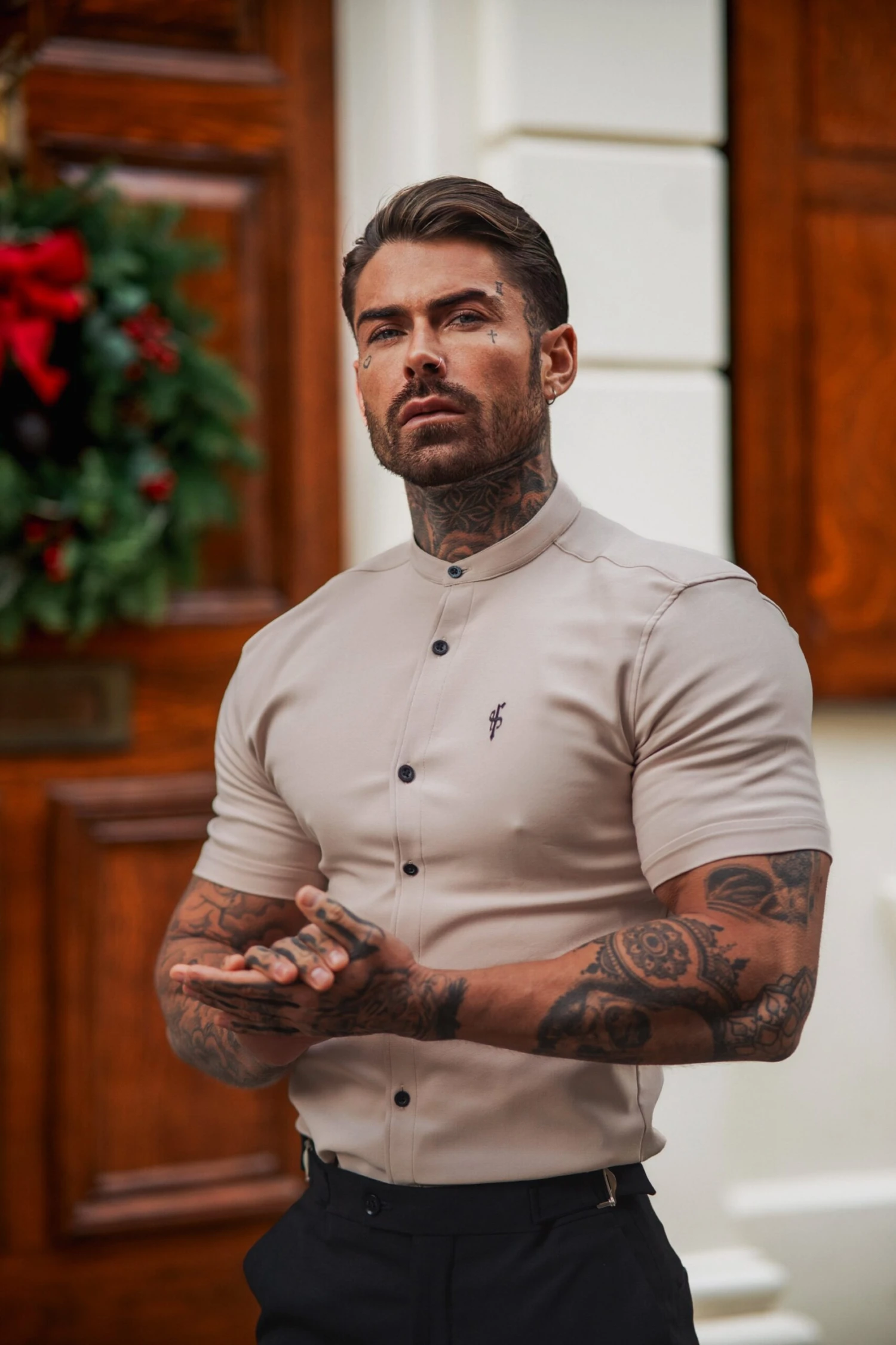 Father Sons Super Slim Scuba Beige Short Sleeve Stretch With Grandad Collar - FS940 - Image 2