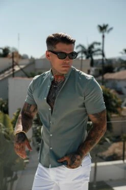 Father Sons Classic Stretch Khaki / Sage With Grandad Collar SS - FS1079