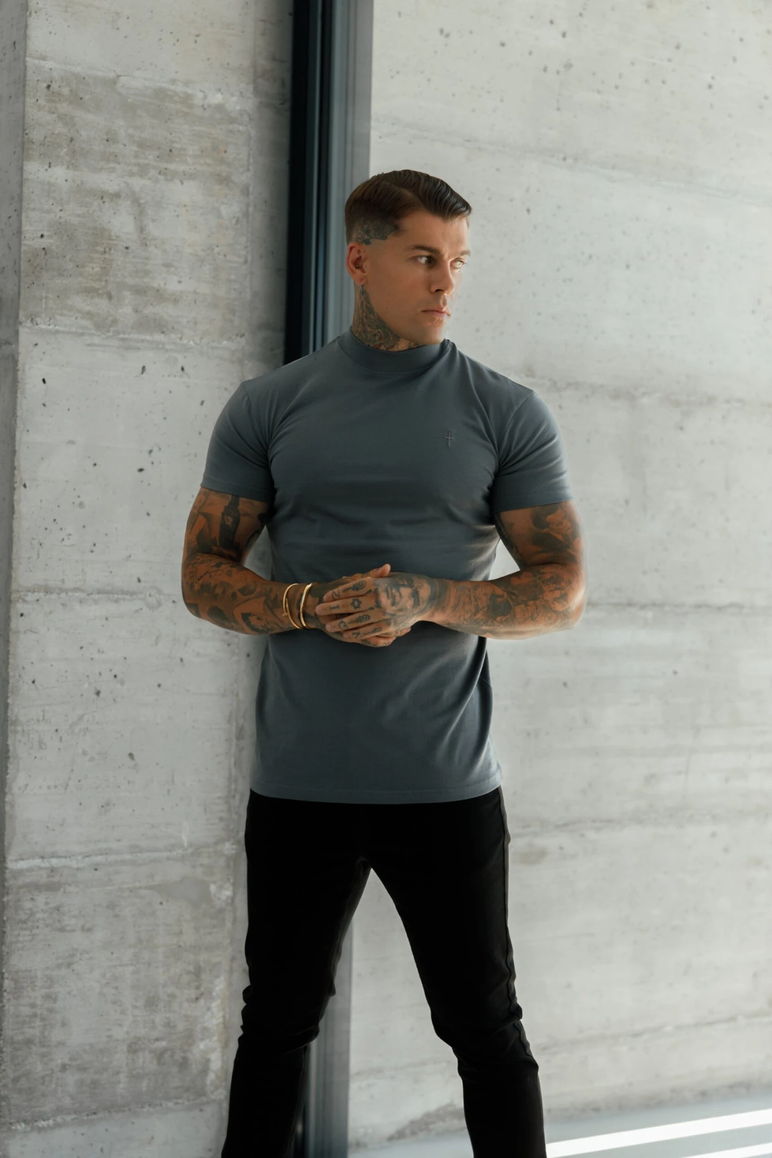 Father Sons Ribbed High Neck Crew T-Shirt Short Sleeve Charcoal - FSH1115 - Image 6