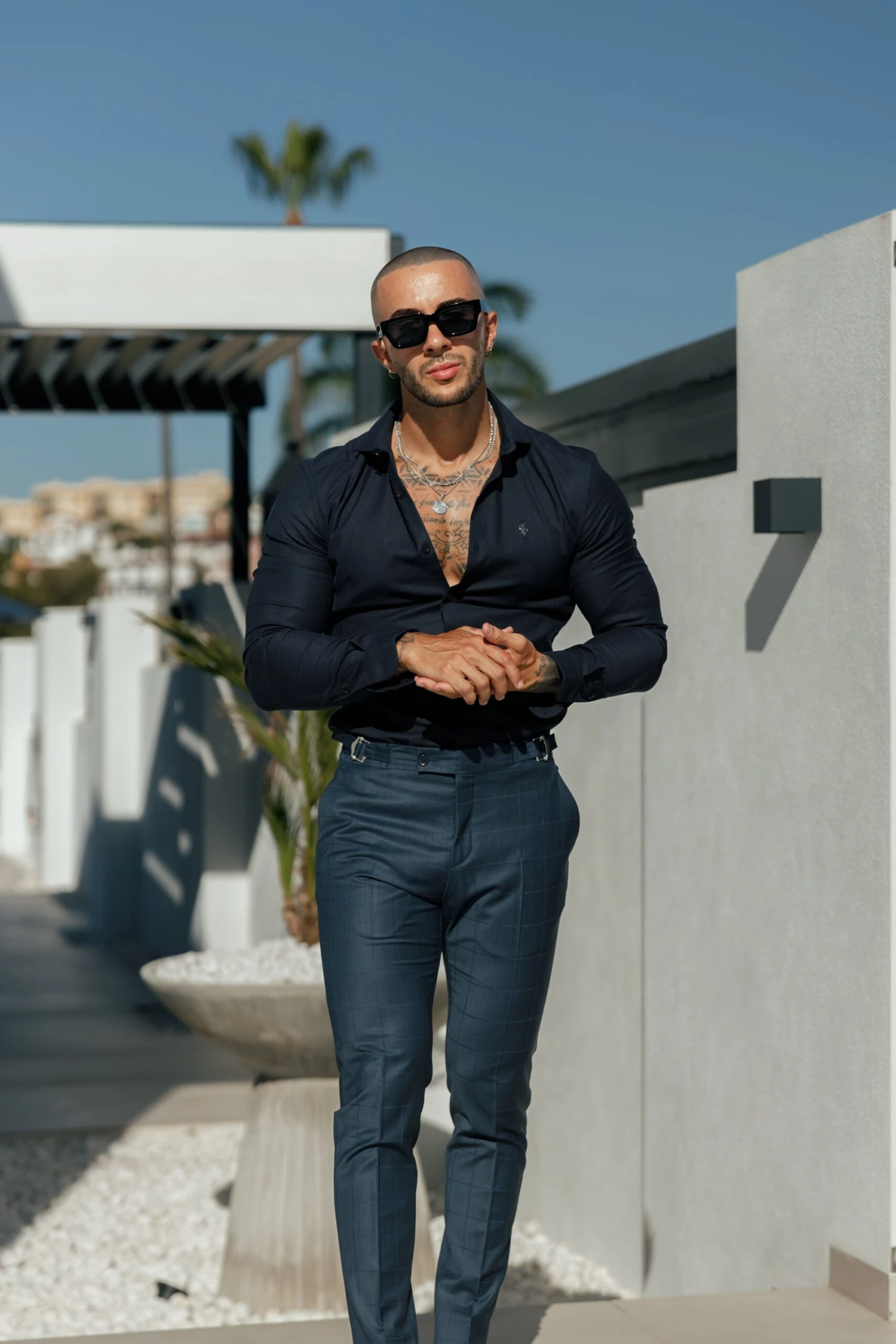 Father Sons Slim Formal Navy Self Check Stretch Trousers With Side Adjusters - FST030 - Image 11