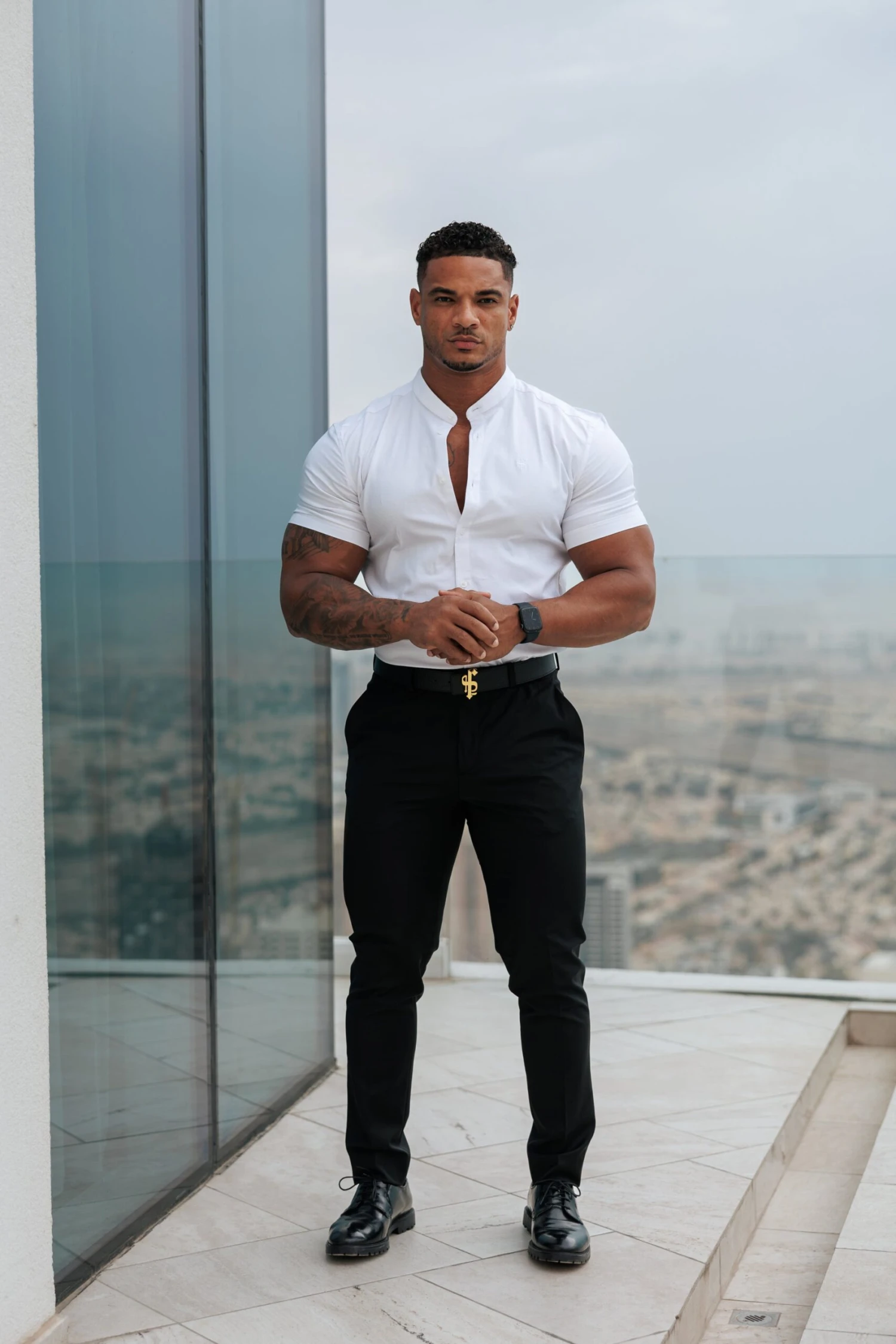 Father Sons Super Slim Stretch Classic All White Grandad Collar Short Sleeve - FS580 - Image 2