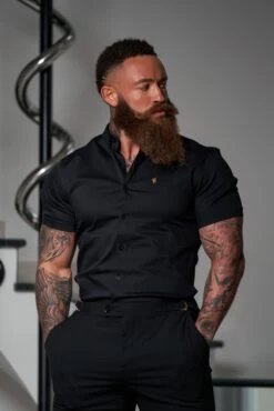 Father Sons Super Slim Stretch Black Denim Short Sleeve With Gold Metal Decal And Button Down Collar - FS1041