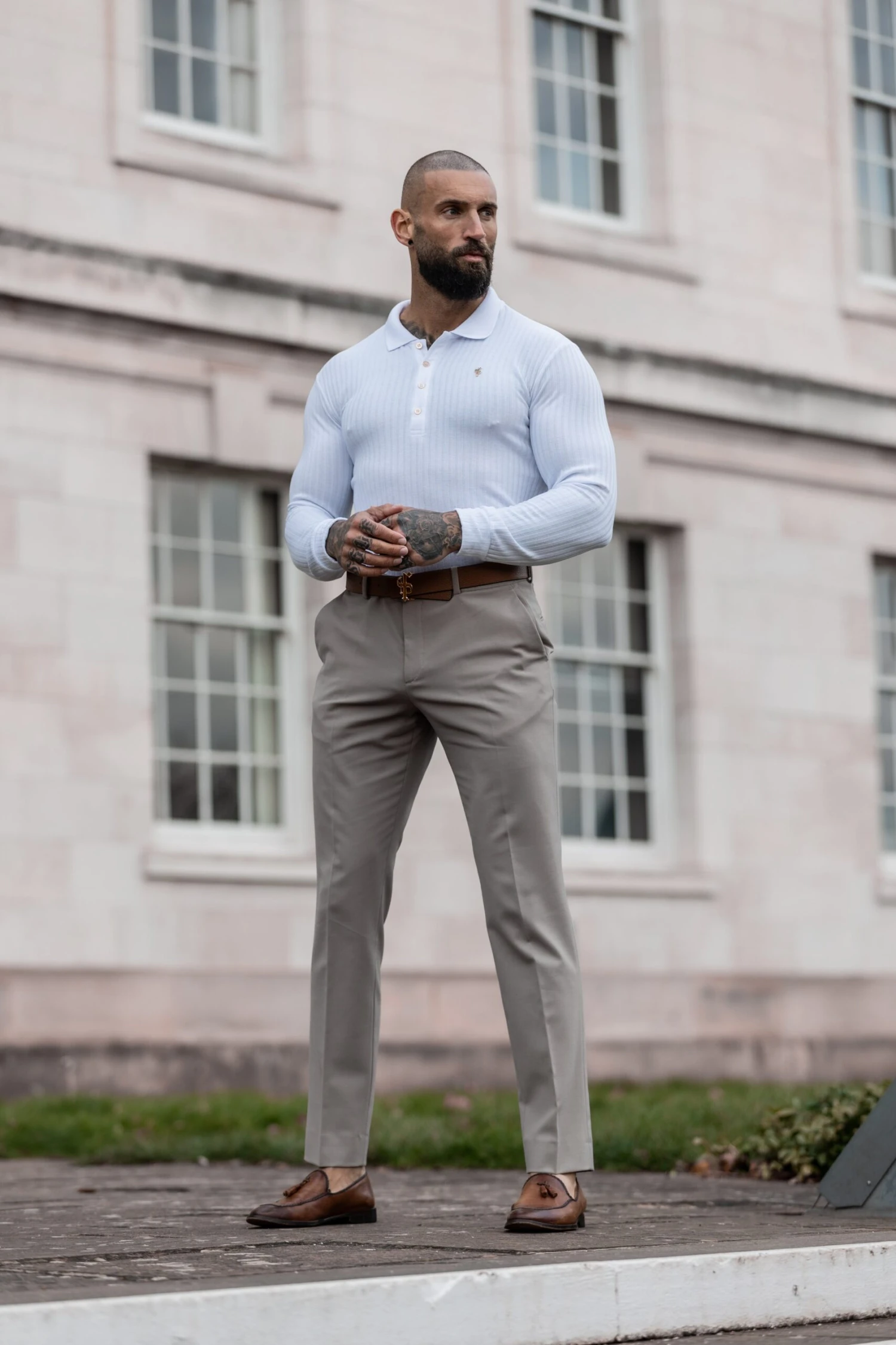 Father Sons Classic White Ribbed Polo Shirt Long Sleeve With Gold Decal - FSH975 - Image 7