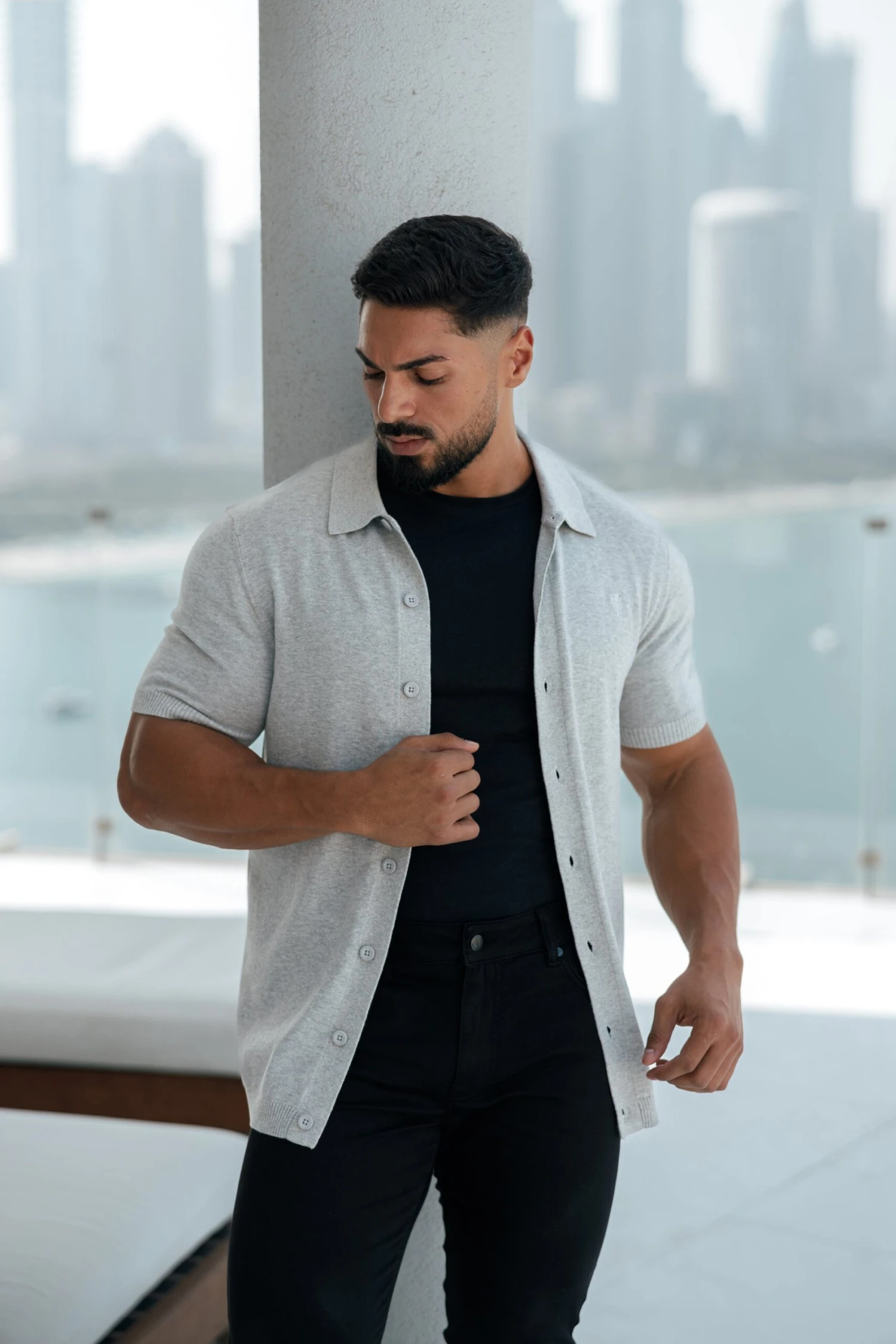 Father Sons Classic Plain Light Grey Knitted Button Through Polo Short Sleeve - FSN102 - Image 12