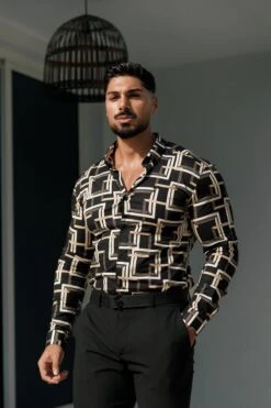 Father Sons Super Slim Stretch Black / Cream Interlinked Square Print Long Sleeve With Button Down Collar - FS850