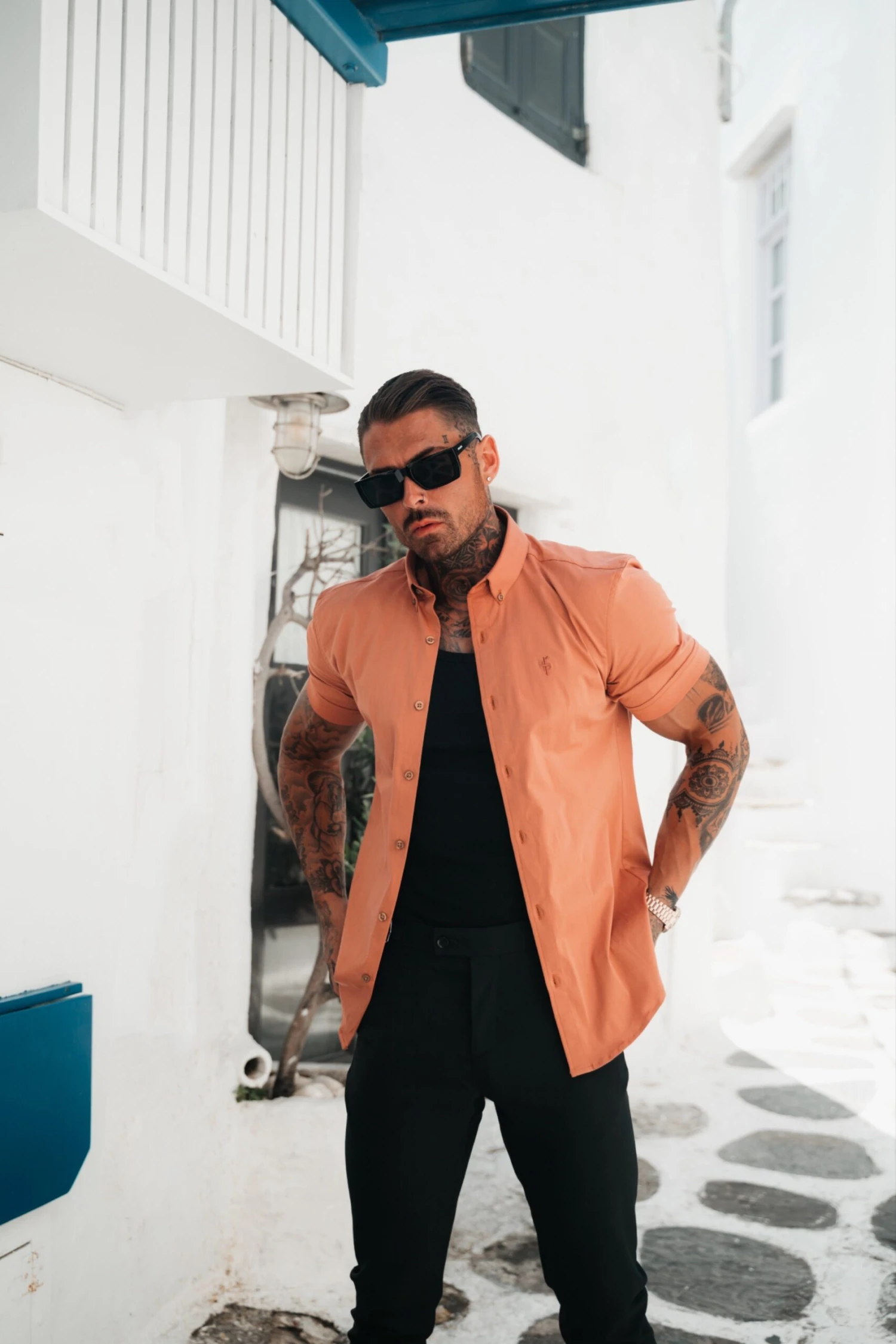 Father Sons Super Slim Stretch Plain Terracotta Short Sleeve With Button Down Collar - FS984 - Image 3