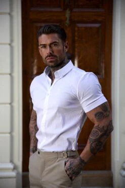 Father Sons Super Slim Stretch White Self Woven Stripe Short Sleeve With Button Down Collar - FS988