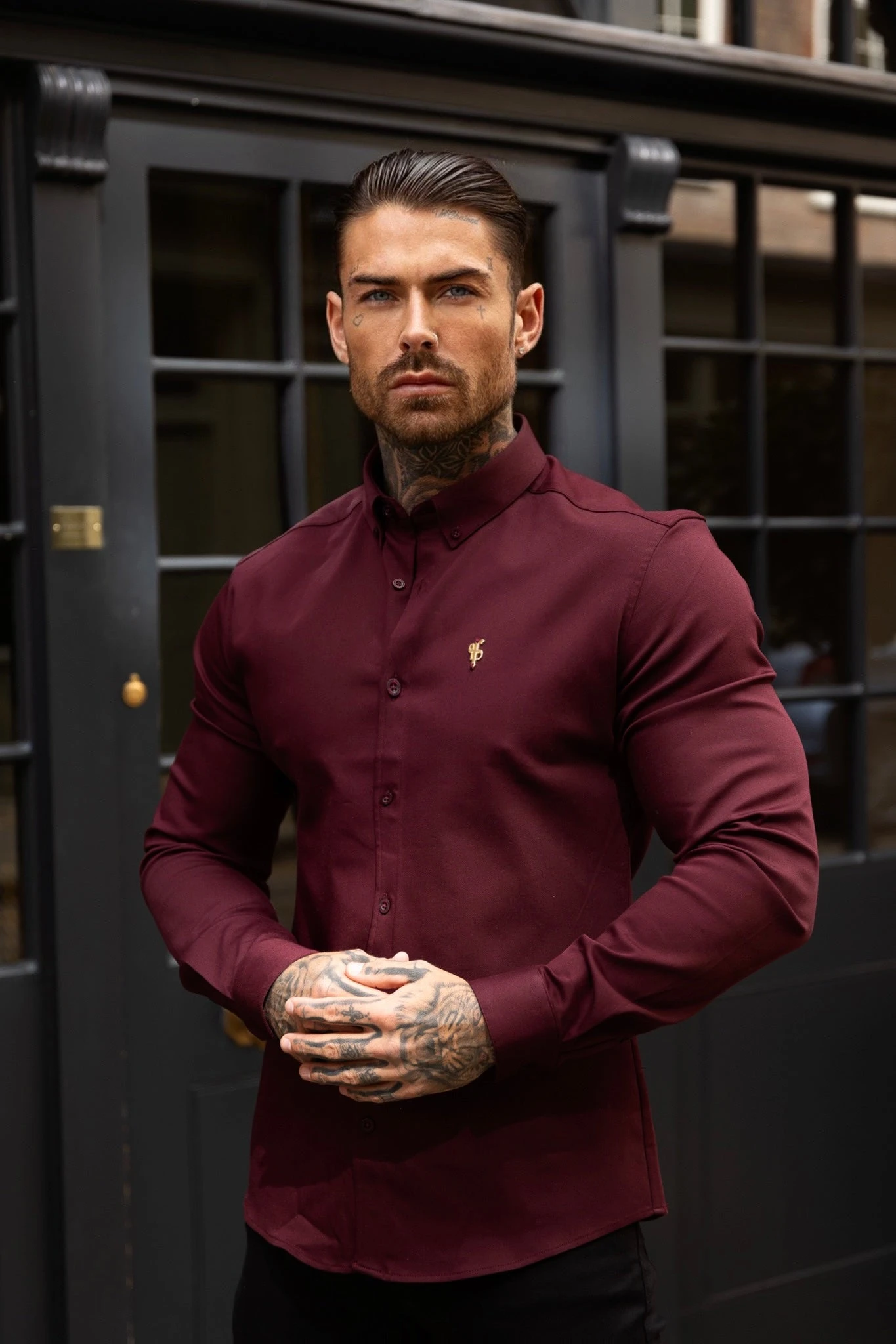 Father Sons Super Slim Stretch Burgundy Denim Long Sleeve With Gold Metal Decal And Button Down Collar - FS1046 - Image 4