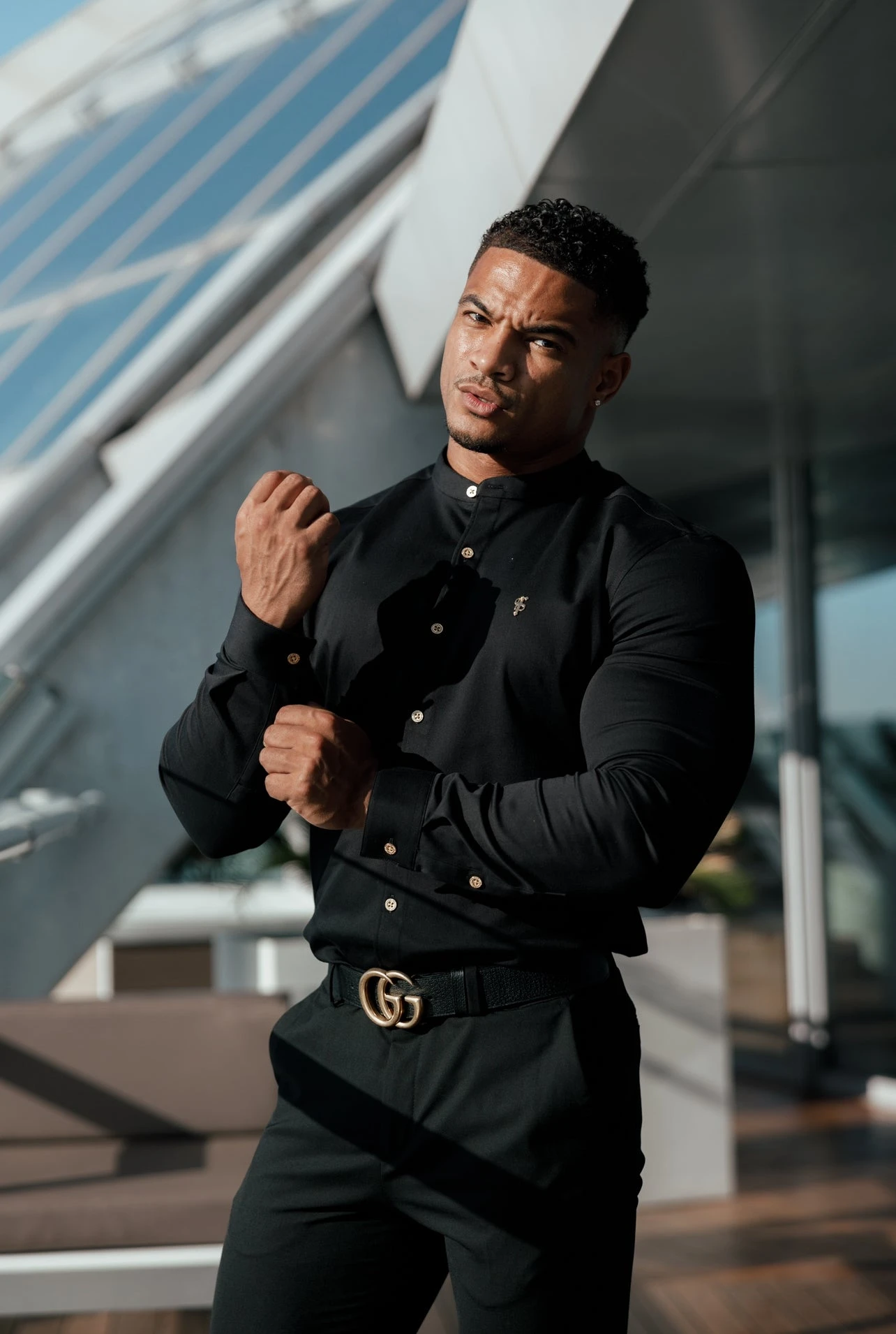 Father Sons Super Slim Stretch Black Denim Long Sleeve Grandad Collar With Metal Buttons And Decal Emblem - FS707 - Image 2