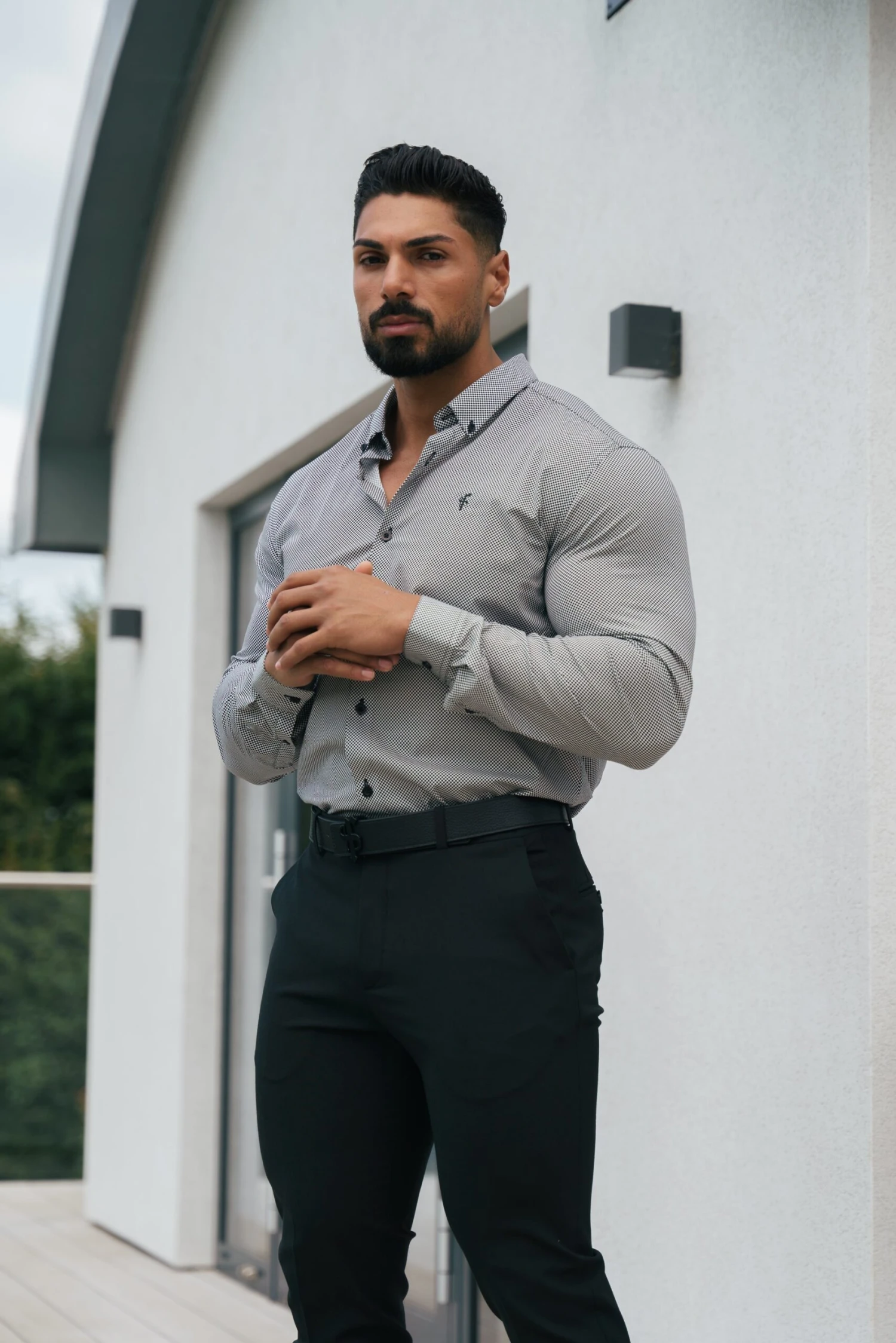 Classic Stretch LS Black Optical Spot Print Button Down Collar - FS1107 - Image 7