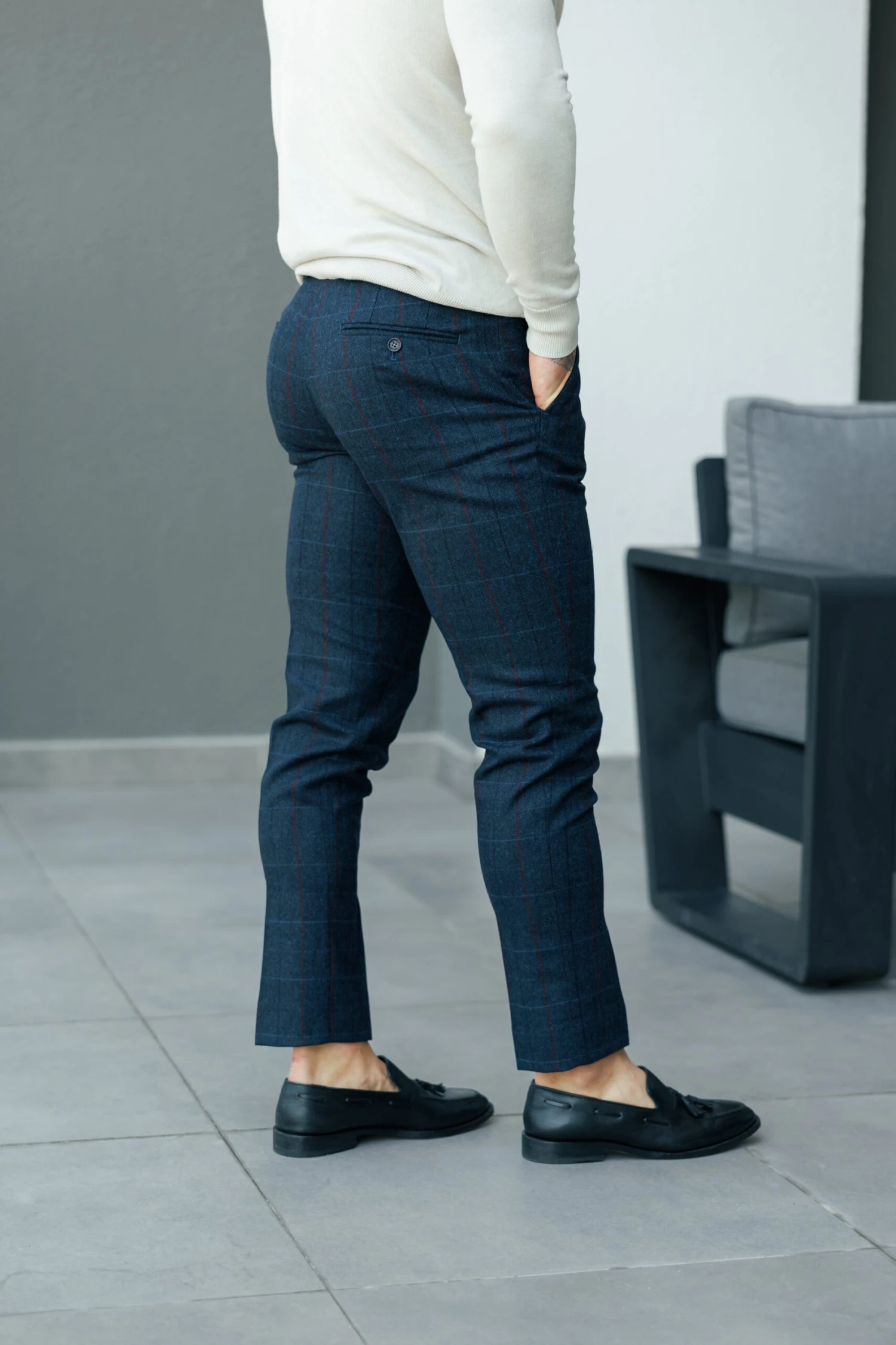 Father Sons Relaxed Formal Navy / Burgundy Check Trouser - FSTR016 - Image 3