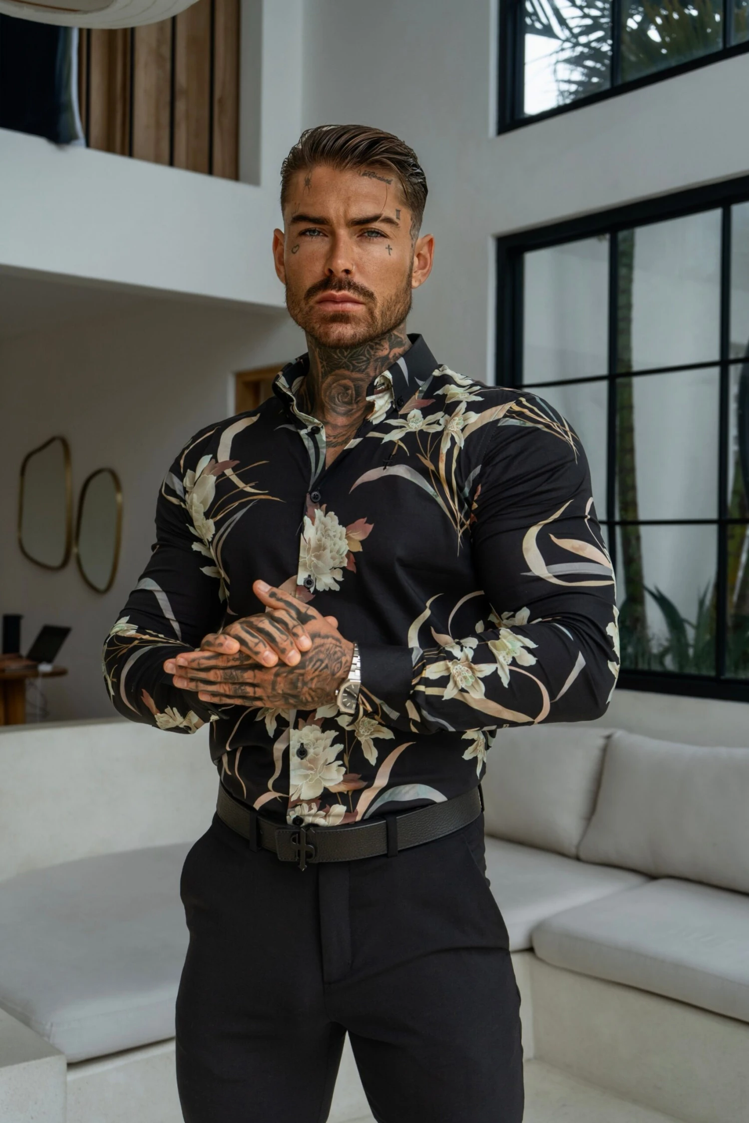 Classic Stretch LS Black Oriental Print Button Down Collar - FS1156 - Image 6