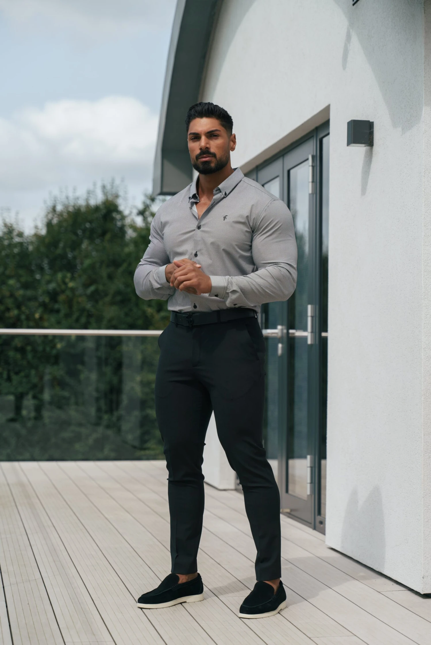 Classic Stretch LS Black Optical Spot Print Button Down Collar - FS1107 - Image 4