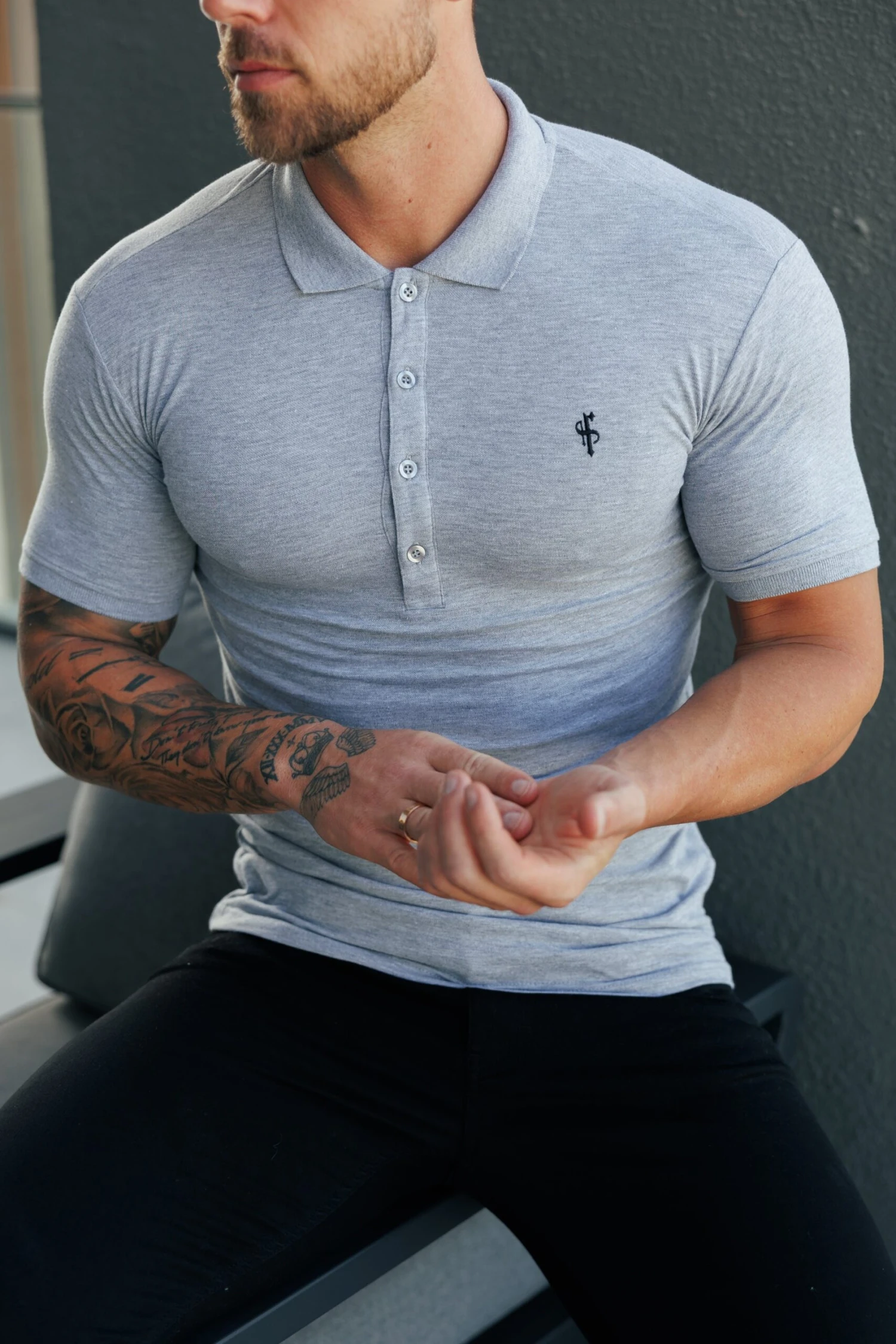 Father Sons Classic Light Grey Polo Shirt With Tonal Button And Black Embroidery - FSH1268 - Image 2