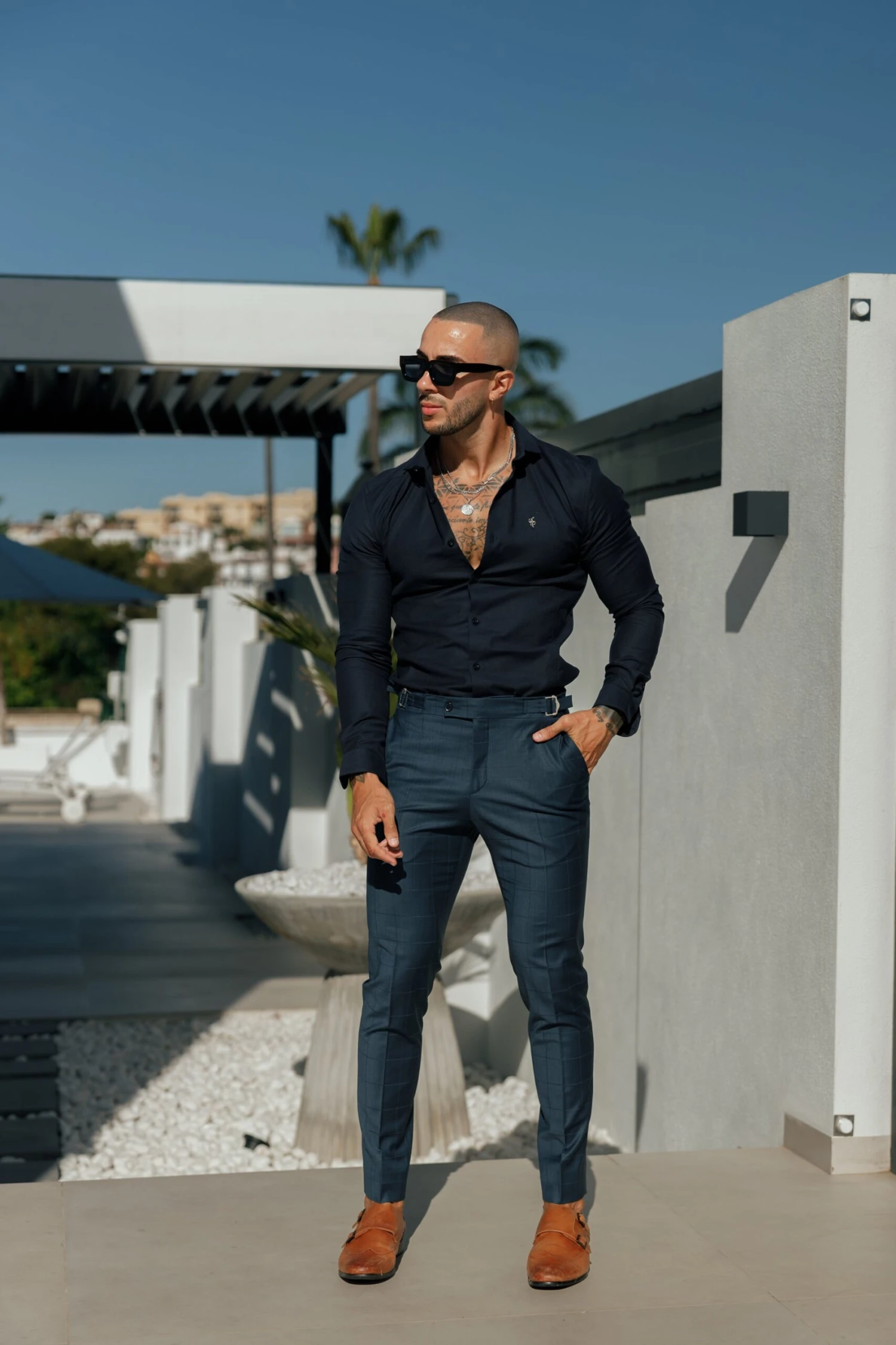 Father Sons Slim Formal Navy Self Check Stretch Trousers With Side Adjusters - FST030 - Image 4