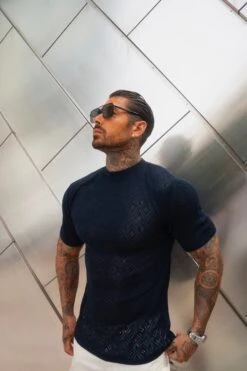 Father Sons Crochet Crew T-Shirt Navy Short Sleeve - FSJ090