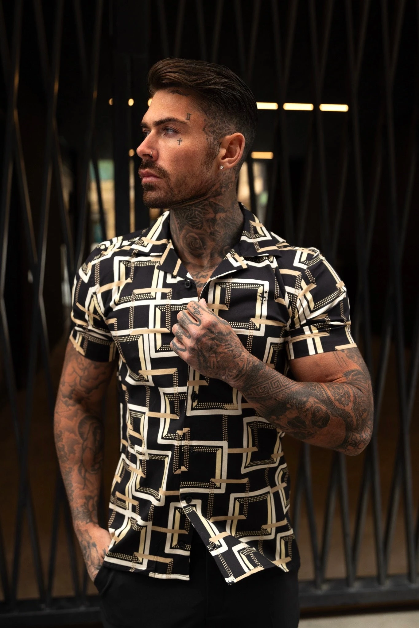 Father Sons Hawaiian Boxy Black / Cream Interlinked Square Print Stretch With Revere Collar Short Sleeve - FS997 - Image 6