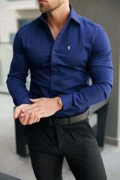 Father Sons Super Slim Stretch Navy Denim Long Sleeve With Cutaway Collar - FS1149