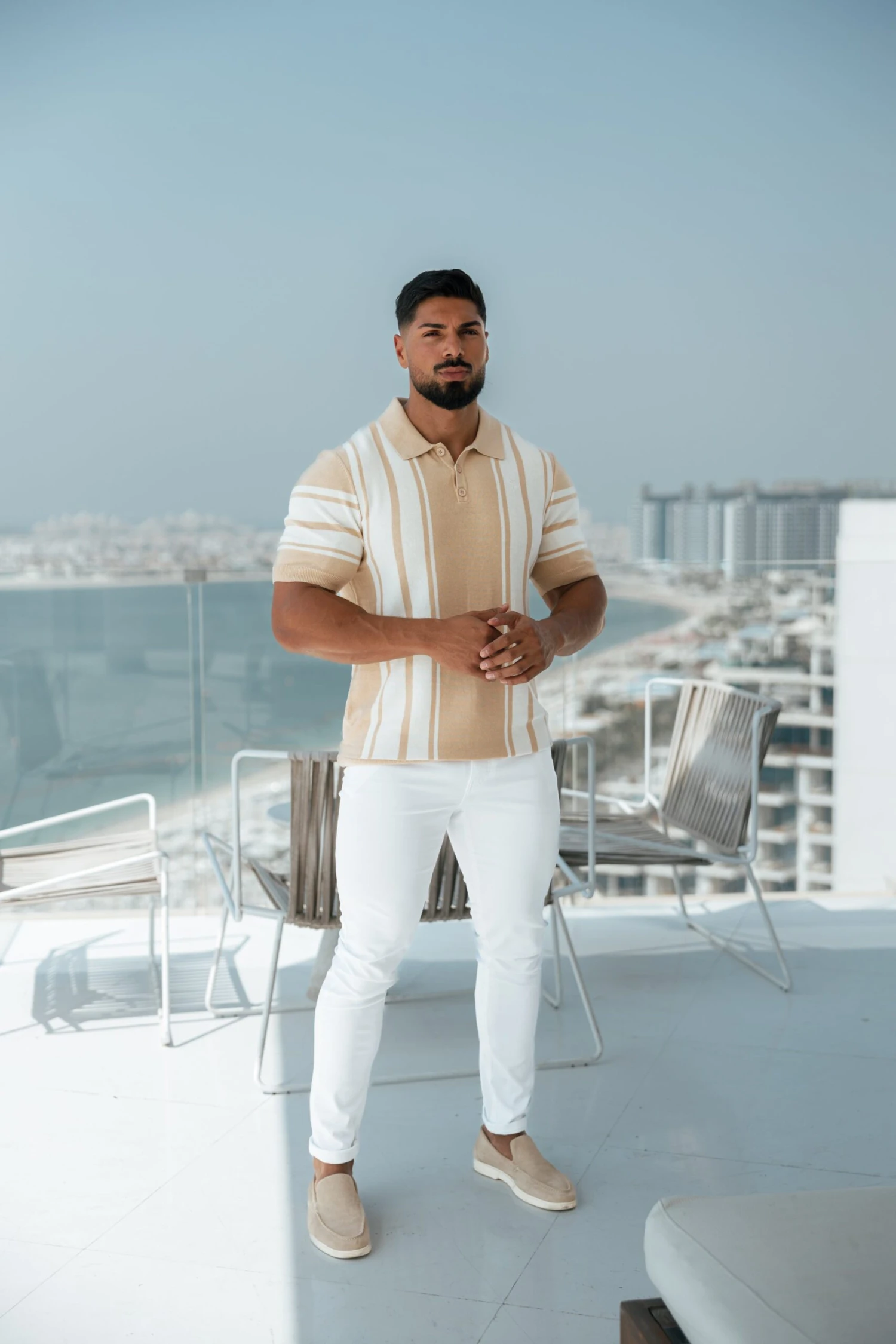 Father Sons Classic Beige / Off White Knitted Vertical Stripe Polo Short Sleeve - FSN107 - Image 5