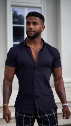 Father Sons Super Slim Stretch Black Self Woven Stripe Short Sleeve With Button Down Collar - FS990