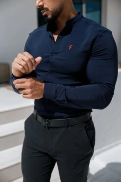 Father Sons Super Slim Scuba Navy / Red Long Sleeve Stretch With Grandad Collar - FS1000