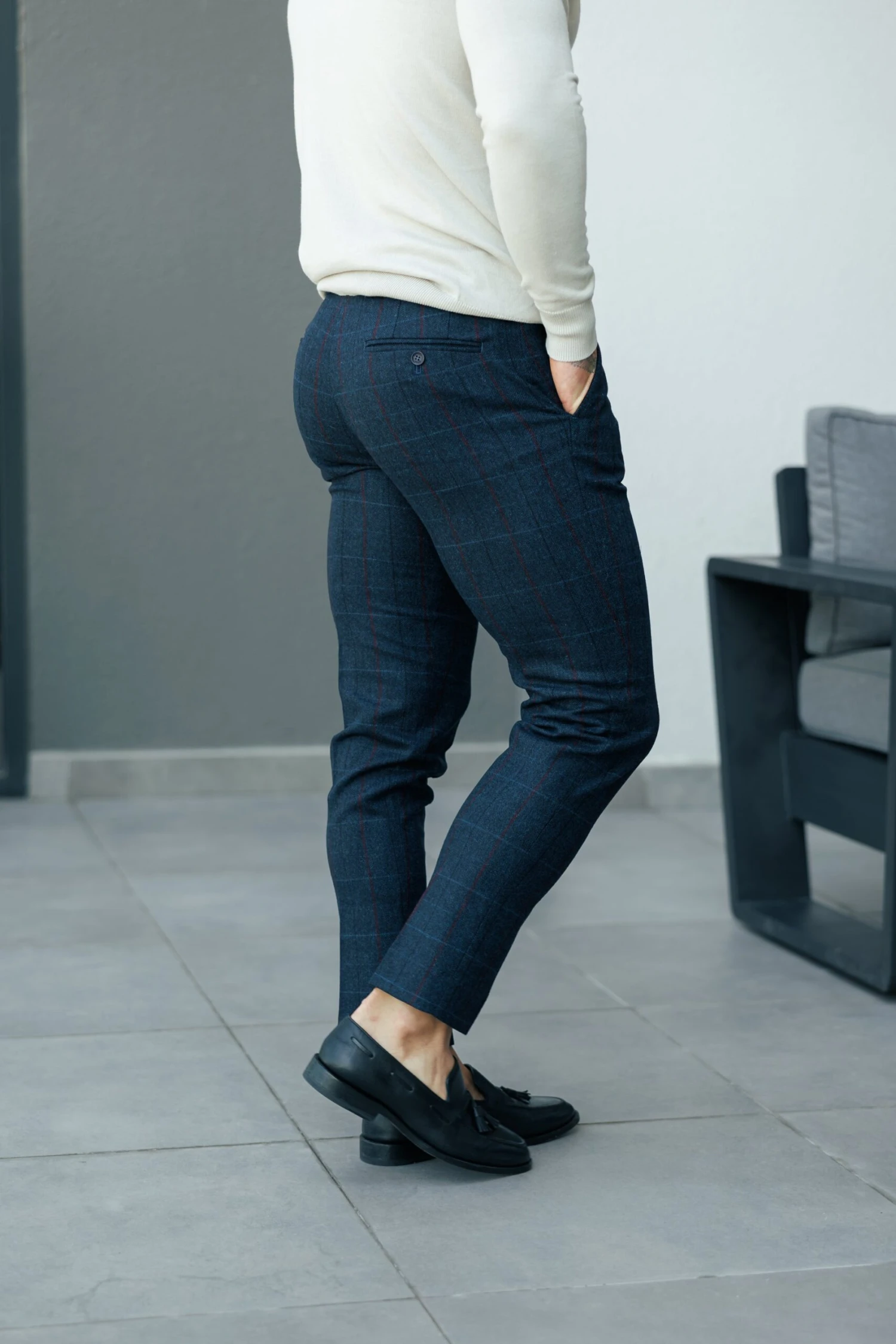 Father Sons Relaxed Formal Navy / Burgundy Check Trouser - FSTR016 - Image 5