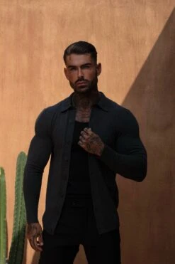 Father Sons Classic Plain Charcoal Knitted Button Through Polo Long Sleeve - FSN168