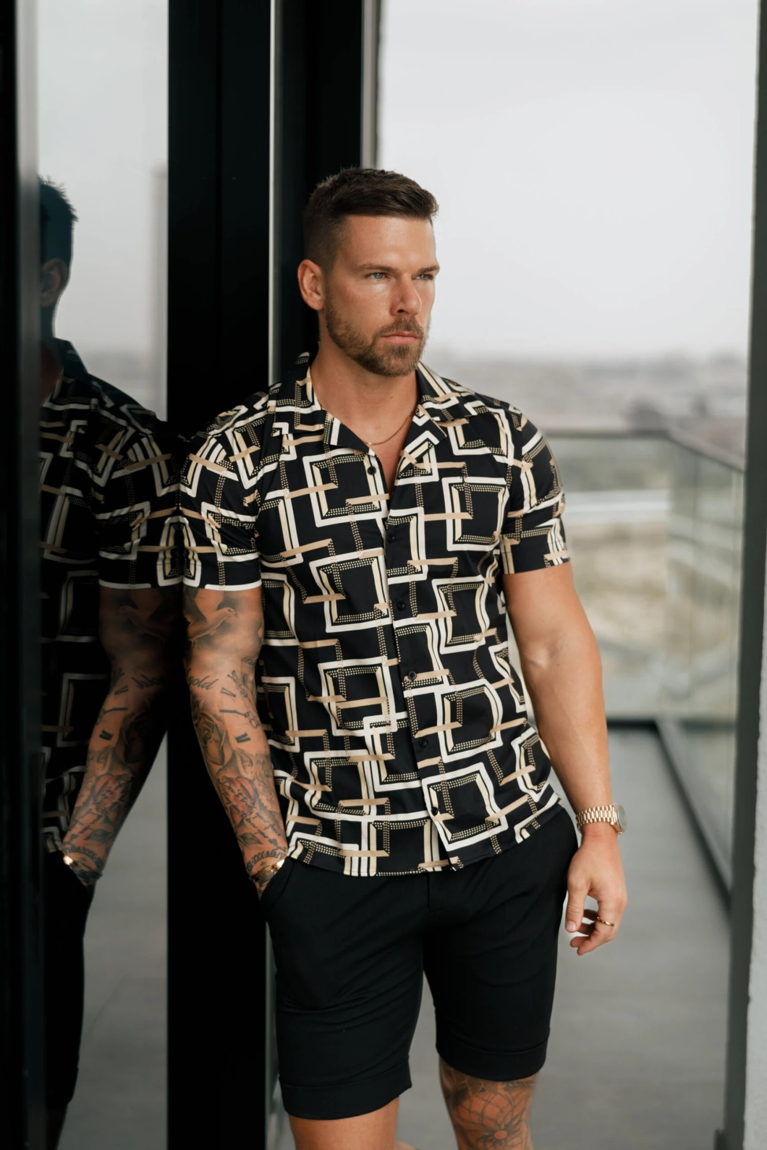 Father Sons Hawaiian Boxy Black / Cream Interlinked Square Print Stretch With Revere Collar Short Sleeve - FS997 - Image 4