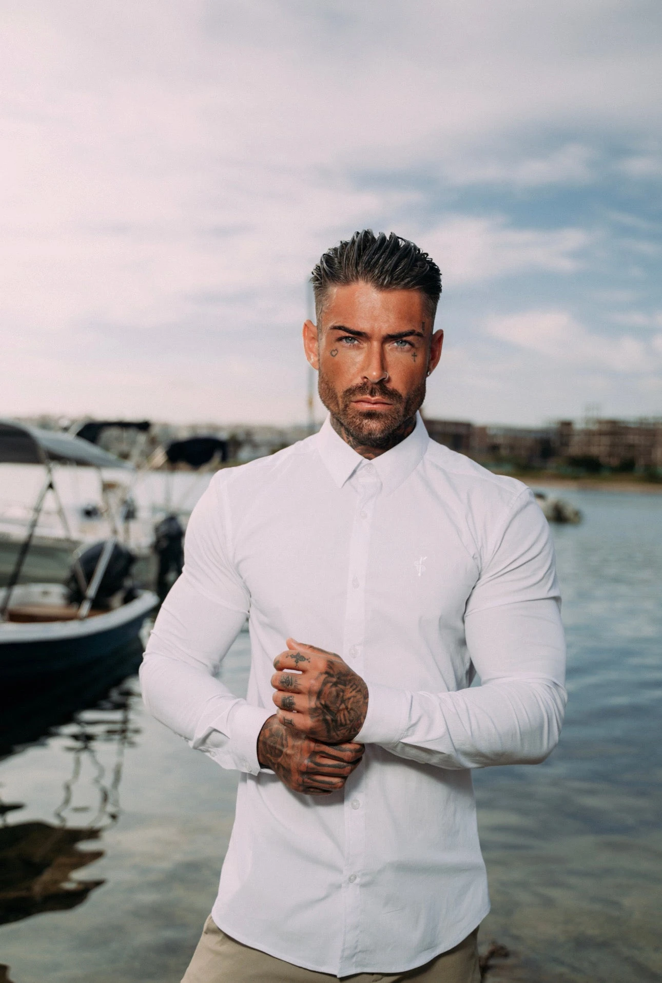 Father Sons Super Slim Stretch White Tonal Buttons And Embroidery Long Sleeve - FS890 - Image 2