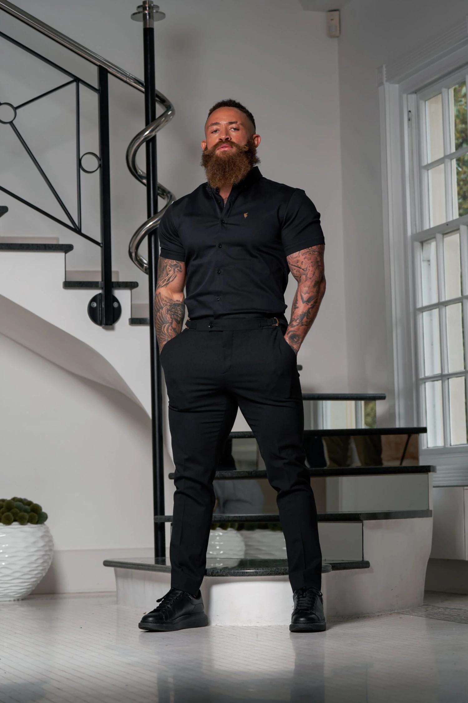 Father Sons Slim Formal Black Stretch Trousers With Gold Waist Adjusters - FST036 - Image 5