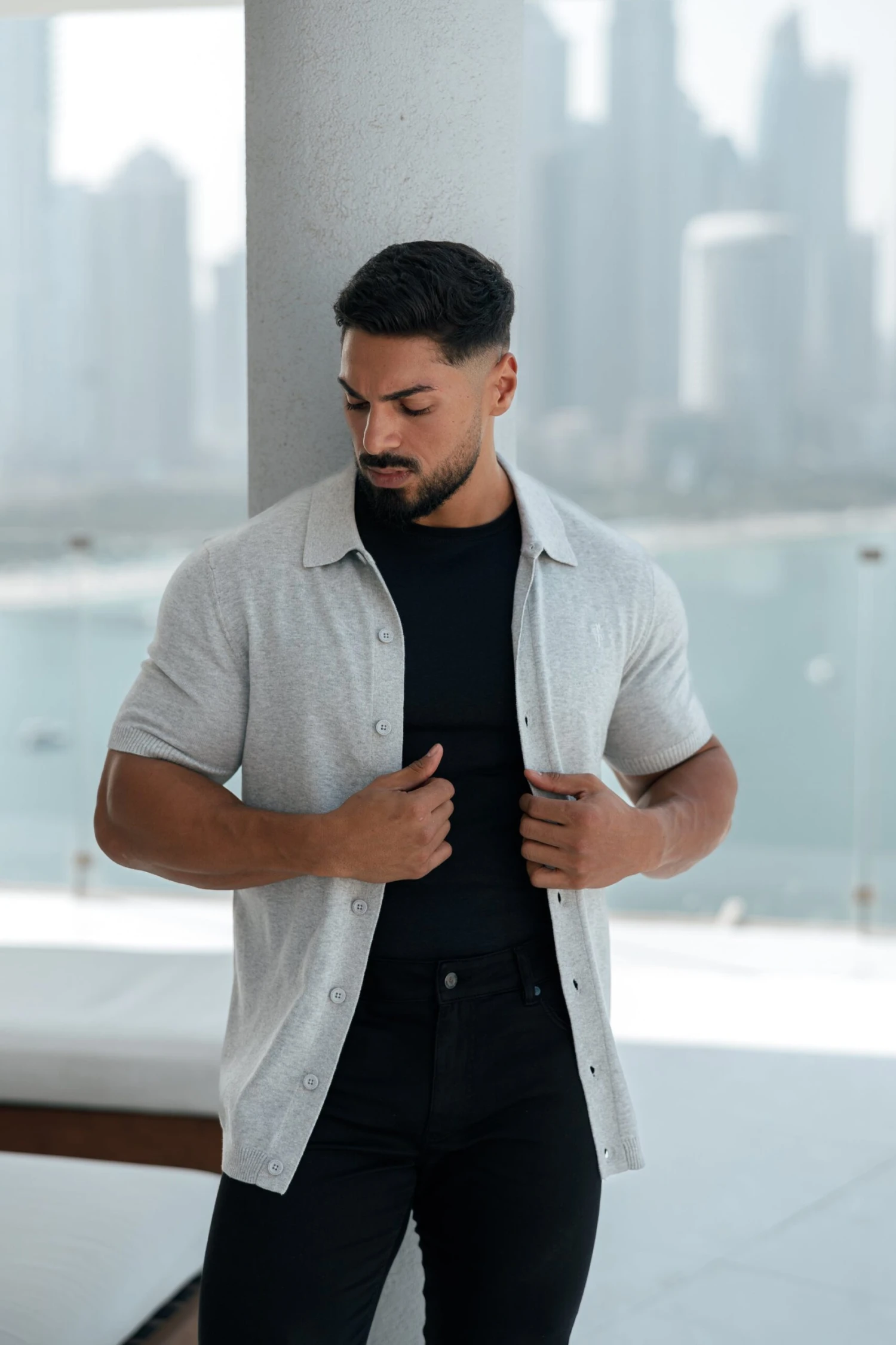 Father Sons Classic Plain Light Grey Knitted Button Through Polo Short Sleeve - FSN102 - Image 4