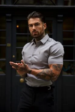 Father Sons Super Slim Stretch Mid Grey Denim Short Sleeve With Metal Buttons And Decal - FS1023