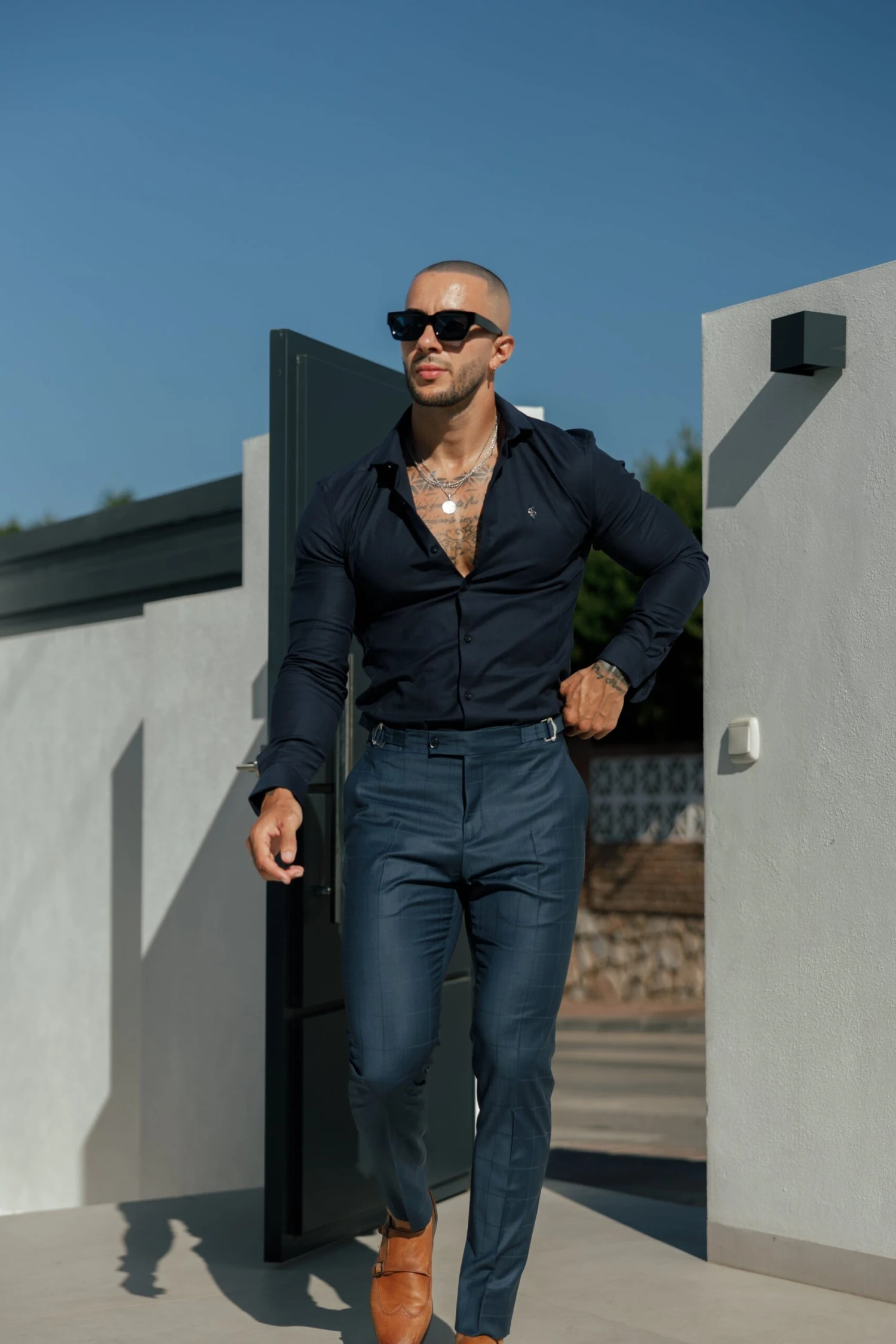 Father Sons Slim Formal Navy Self Check Stretch Trousers With Side Adjusters - FST030 - Image 9