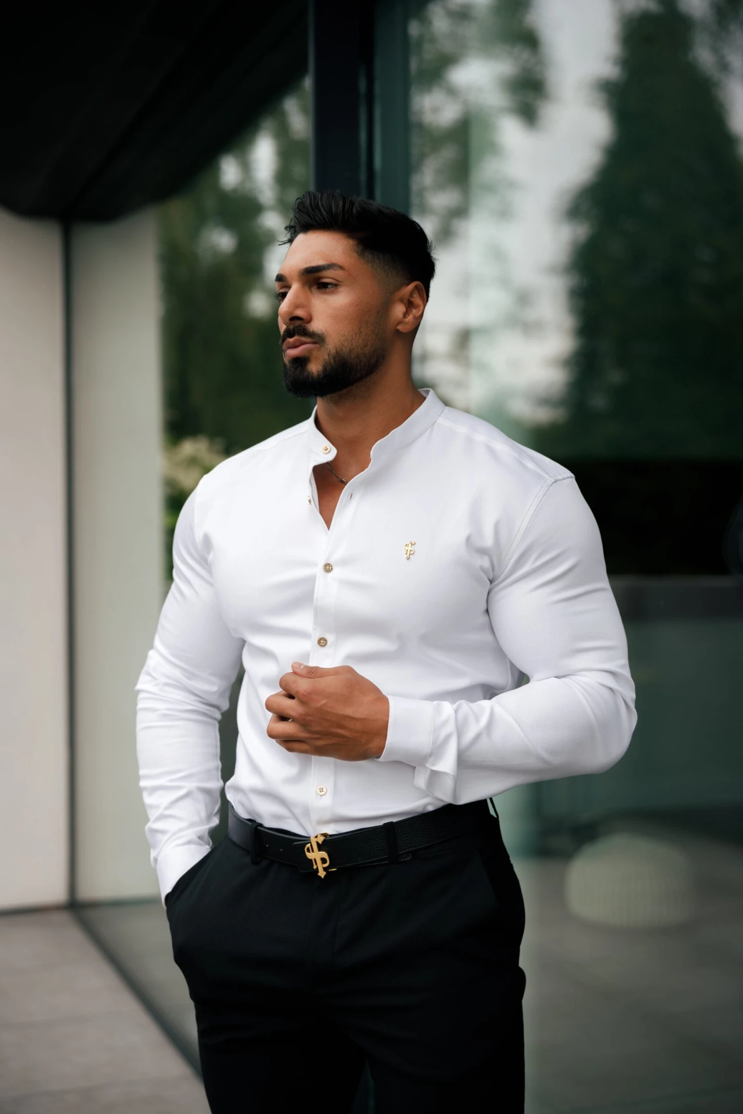 Father Sons Super Slim Stretch White Denim Long Sleeve Grandad Collar With Metal Buttons And Decal Emblem - FS719