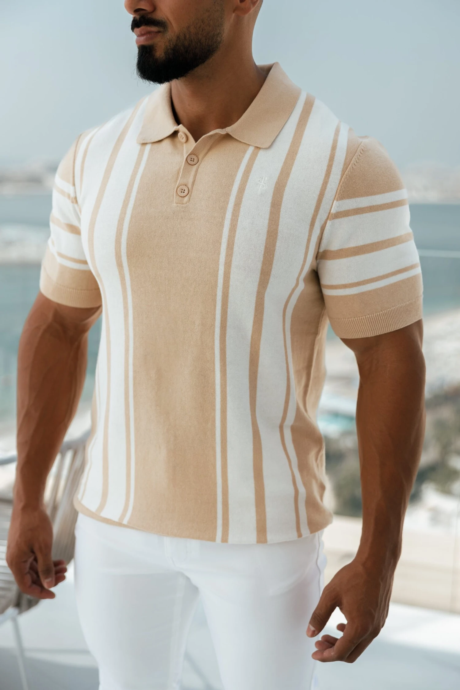 Father Sons Classic Beige / Off White Knitted Vertical Stripe Polo Short Sleeve - FSN107 - Image 7