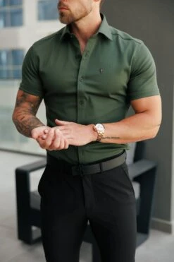 Father Sons Super Slim Stretch Khaki Denim Short Sleeve With Cutaway Collar- FS1148