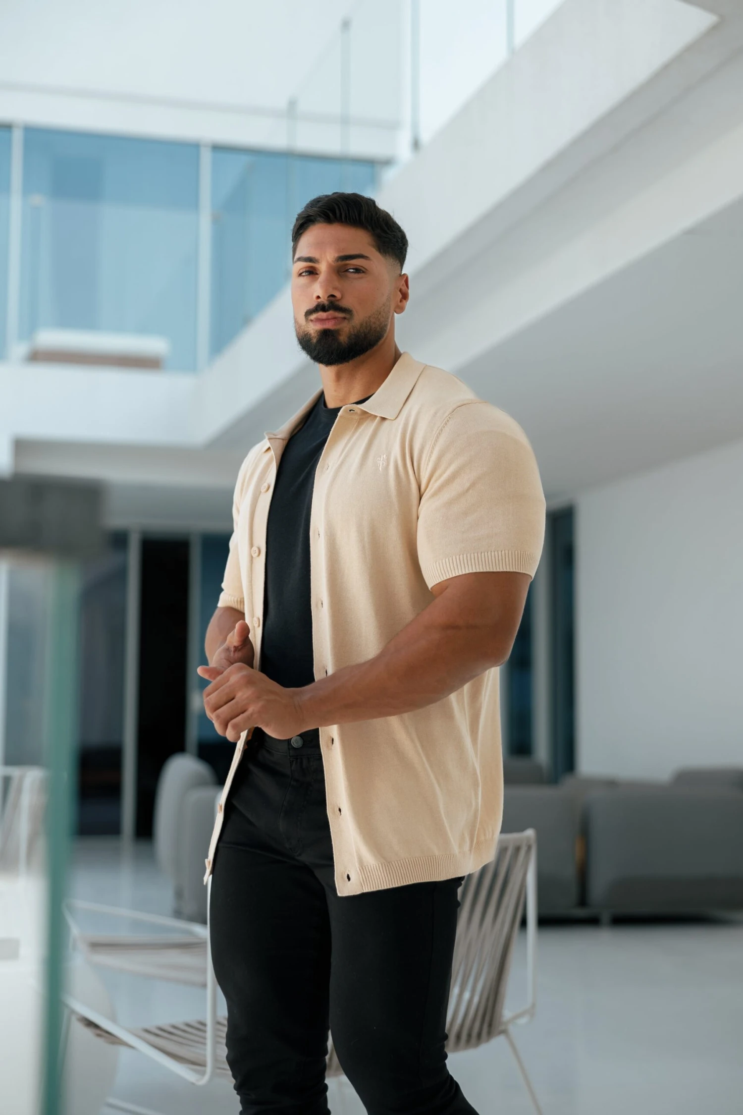 Father Sons Classic Plain Beige Knitted Button Through Polo Short Sleeve - FSN104 - Image 6