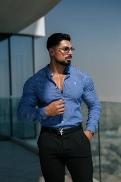 Father Sons Super Slim Stretch Ocean Blue Printed Pinstripe Long Sleeve With Grandad Collar - FS1063