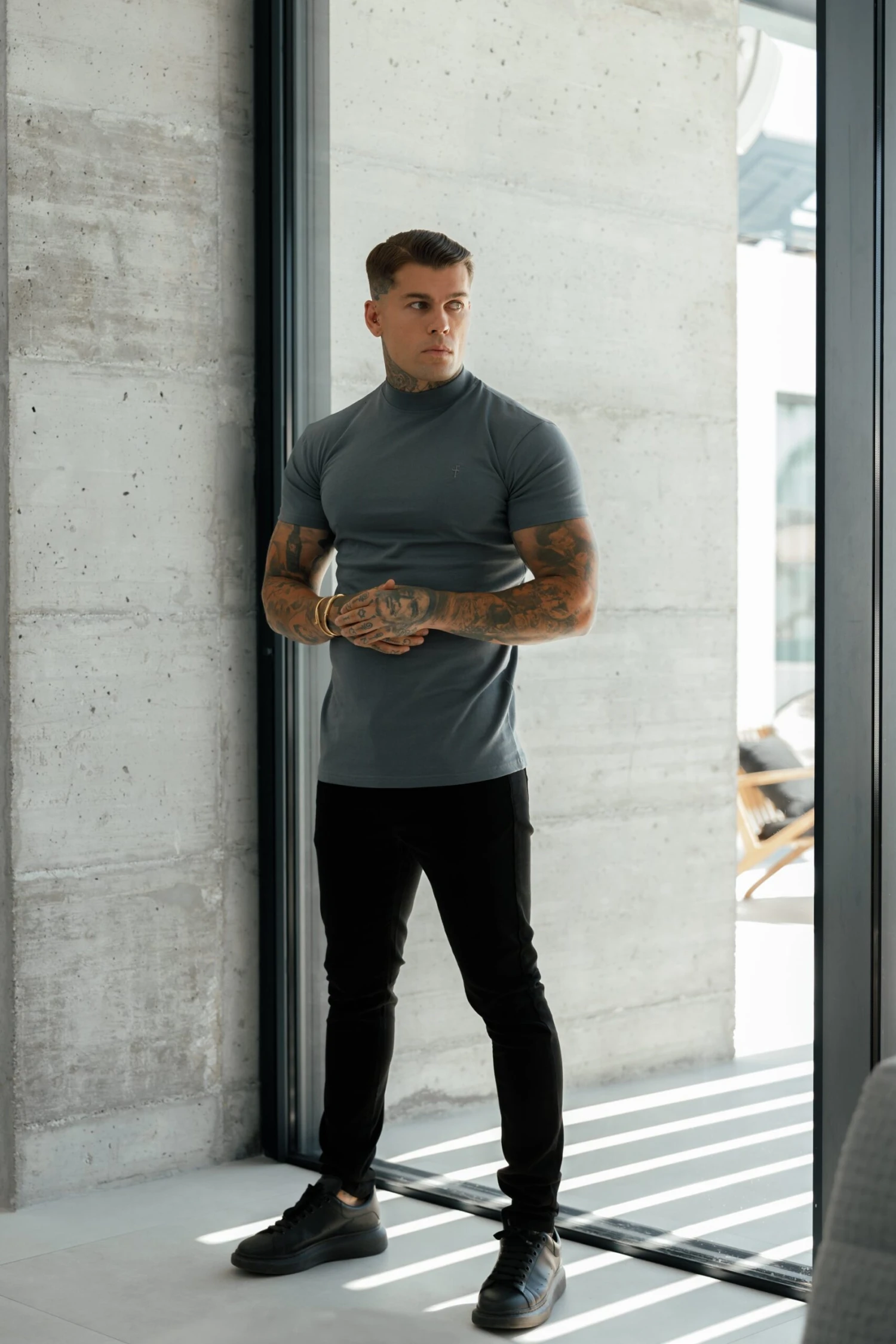 Father Sons Ribbed High Neck Crew T-Shirt Short Sleeve Charcoal - FSH1115 - Image 7