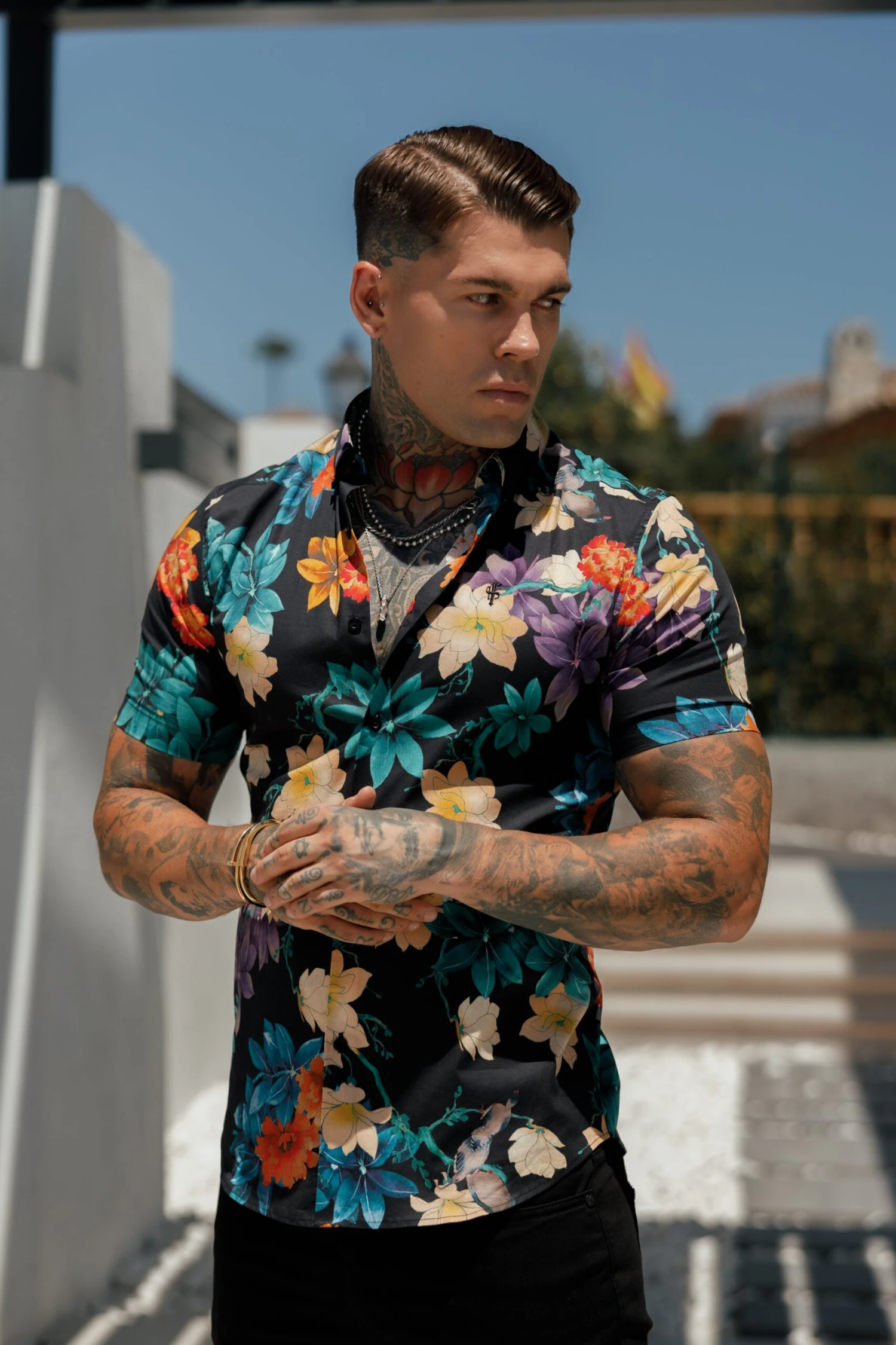 Classic Stretch SS Black Vibrant Floral Print Button Down Collar - FS1104 - Image 5